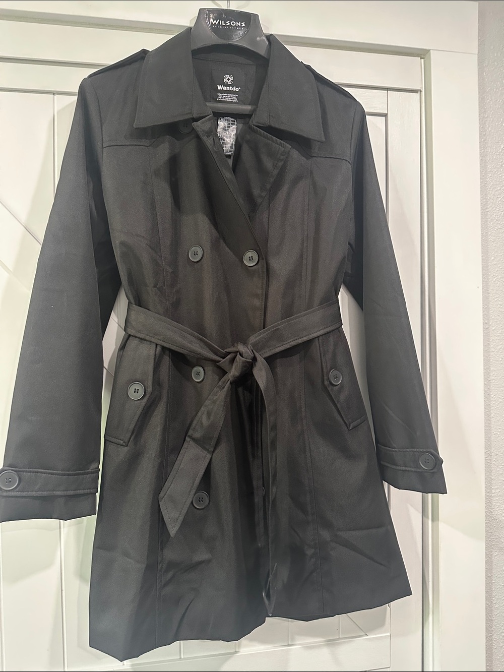 Wanntoo Black Double-Breasted Trench Coat with Belt
